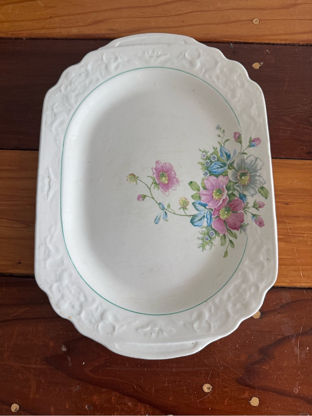 White Floral Ceramic Serving Platter with Pink & Blue Flowers
